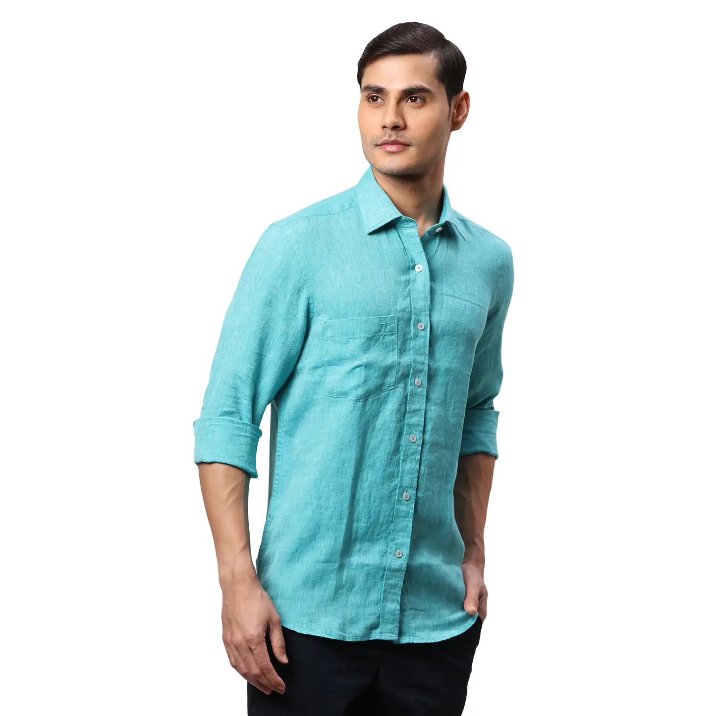 Men Red Regular Fit Weft Chambray Linen Full Sleeves Shirts