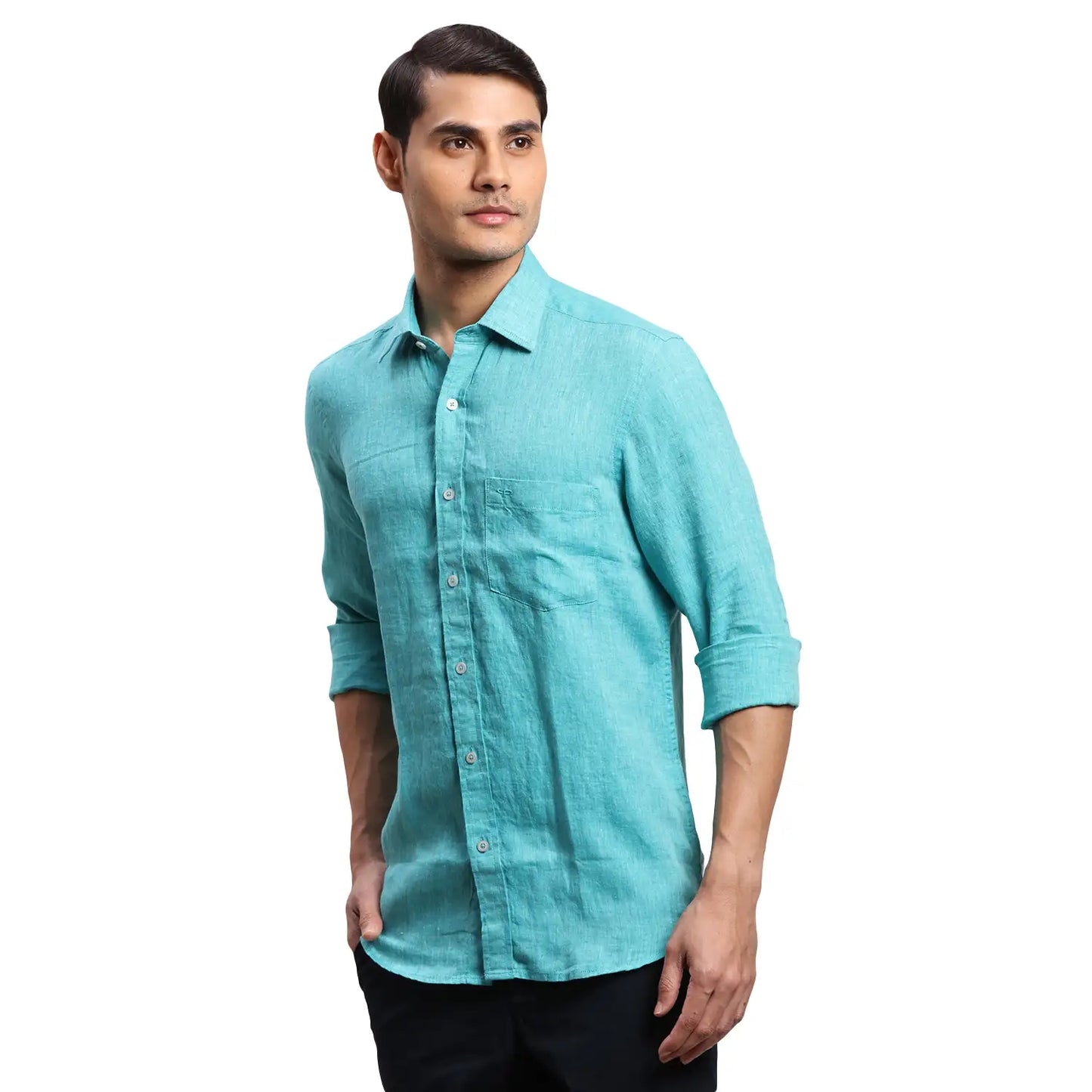 Men Red Regular Fit Weft Chambray Linen Full Sleeves Shirts