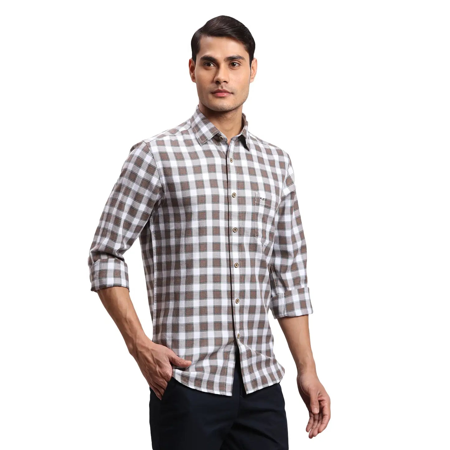 Men Brown Regular Fit Checks  Cotton Full Sleeve  Shirts