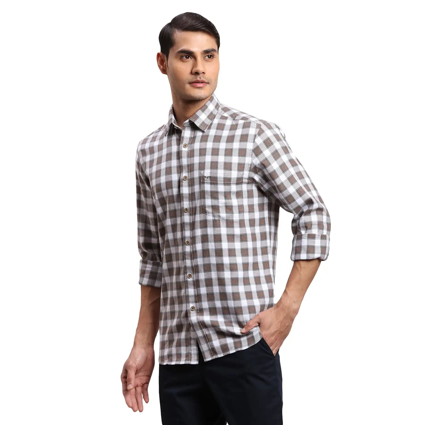 Men Brown Regular Fit Checks  Cotton Full Sleeve  Shirts