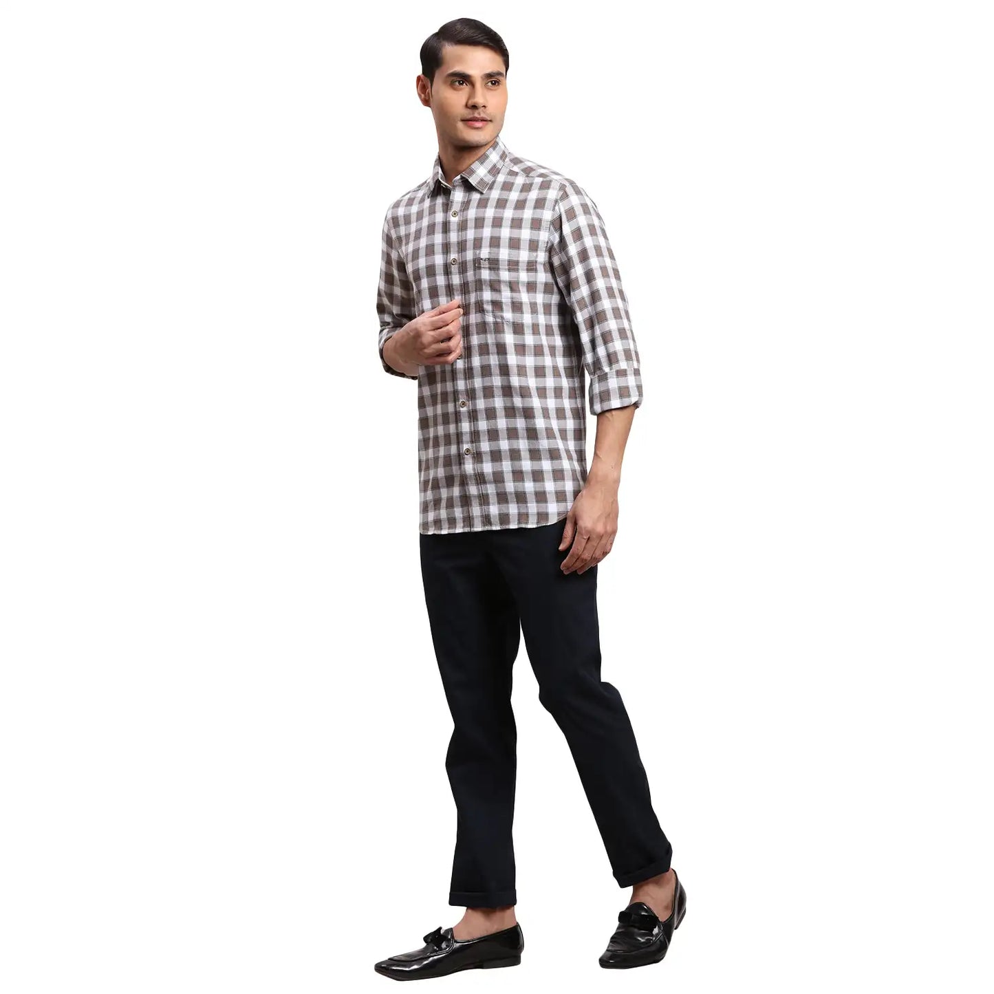 Men Brown Regular Fit Checks  Cotton Full Sleeve  Shirts