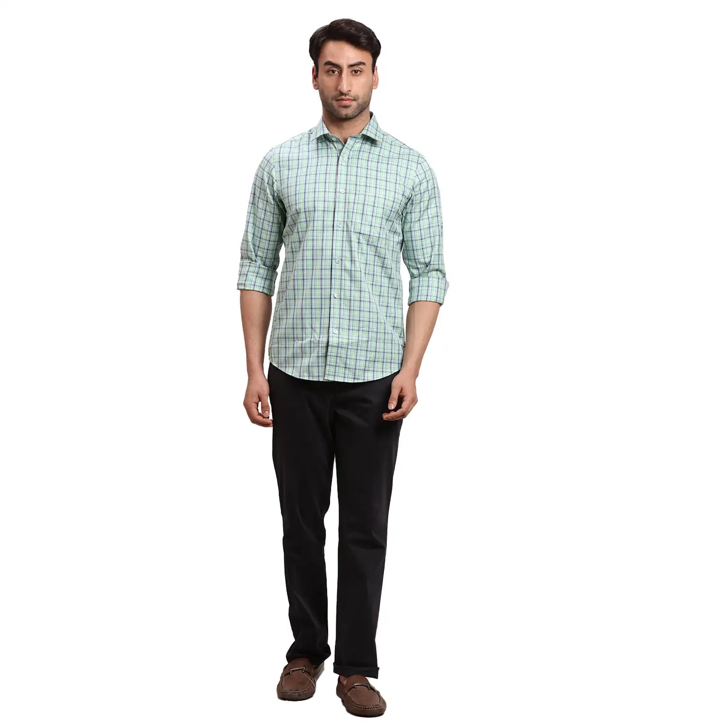 Men Blue Regular Fit Checks  Cotton Full Sleeve  Shirts