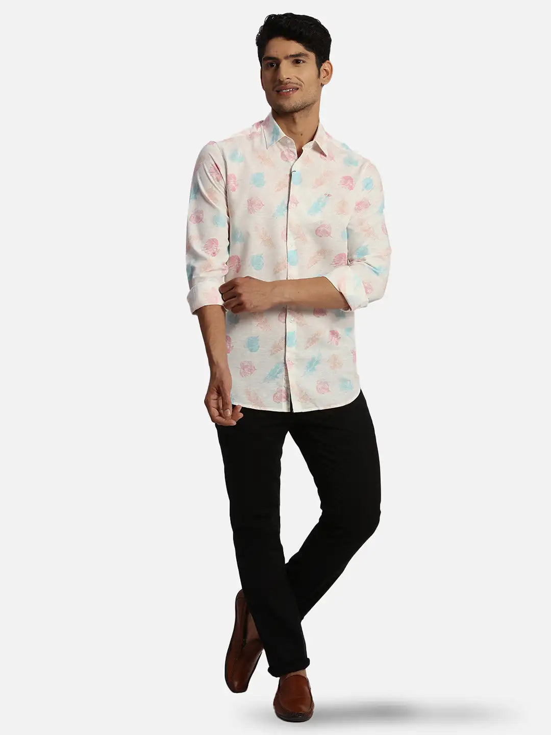 ColorPlus Regular Fit Printed Medium Blue Shirt
