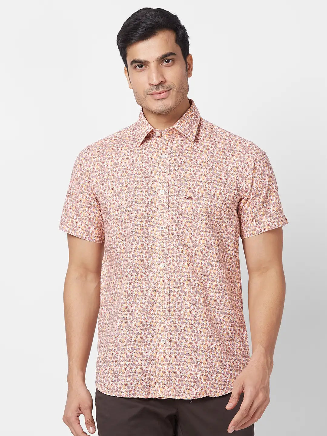 ColorPlus Men Brown Checks Tailored Fit Linen Half Sleeve Shirt