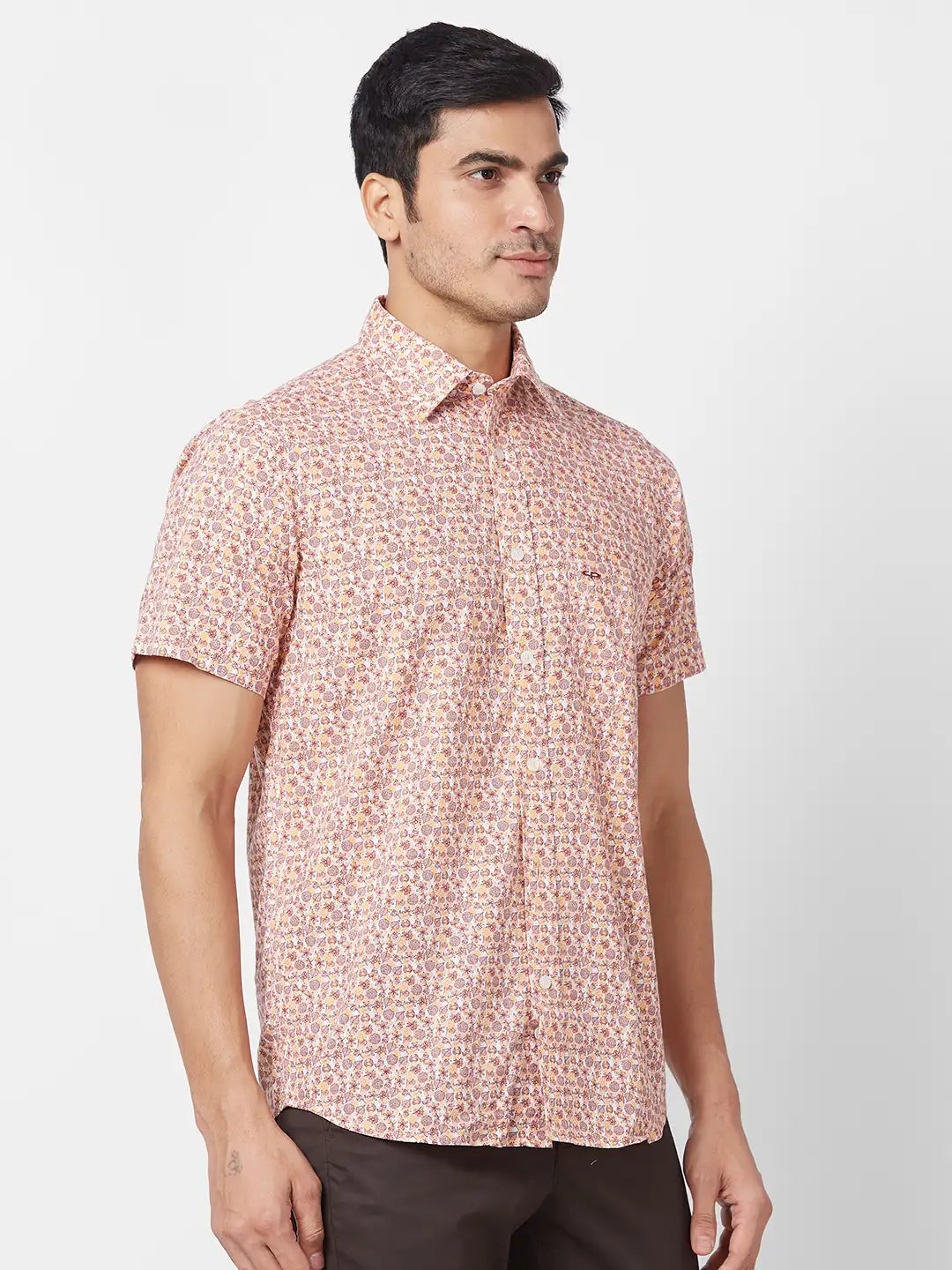 ColorPlus Men Orange Print Tailored Fit Cotton Half Sleeve Shirt MyRaymond