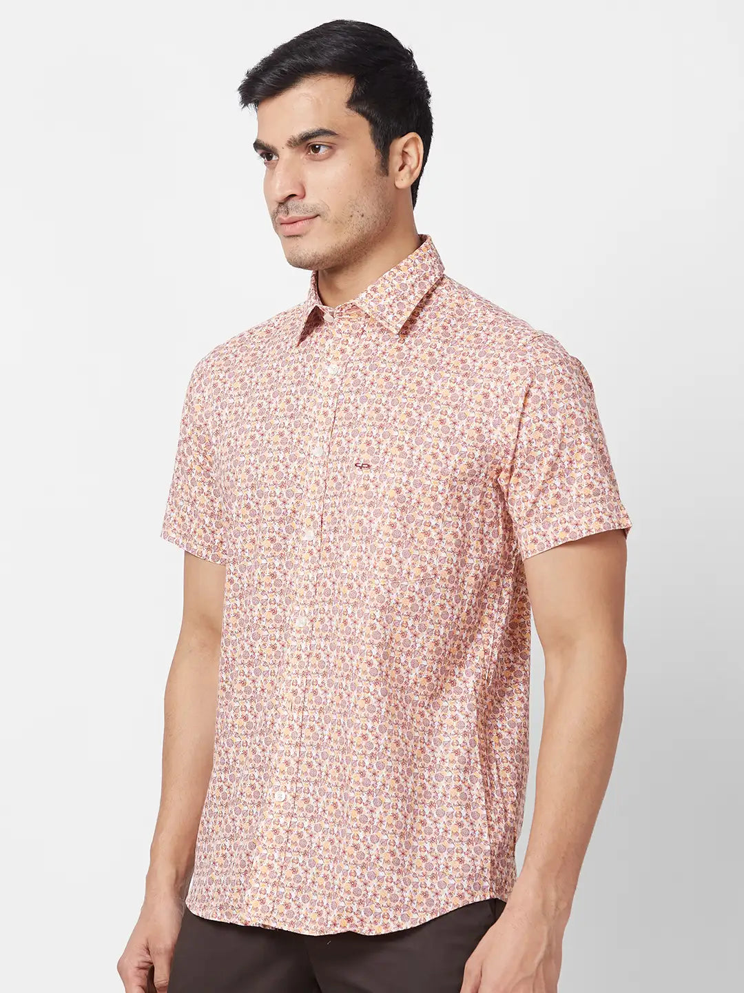 ColorPlus Men Brown Checks Tailored Fit Linen Half Sleeve Shirt
