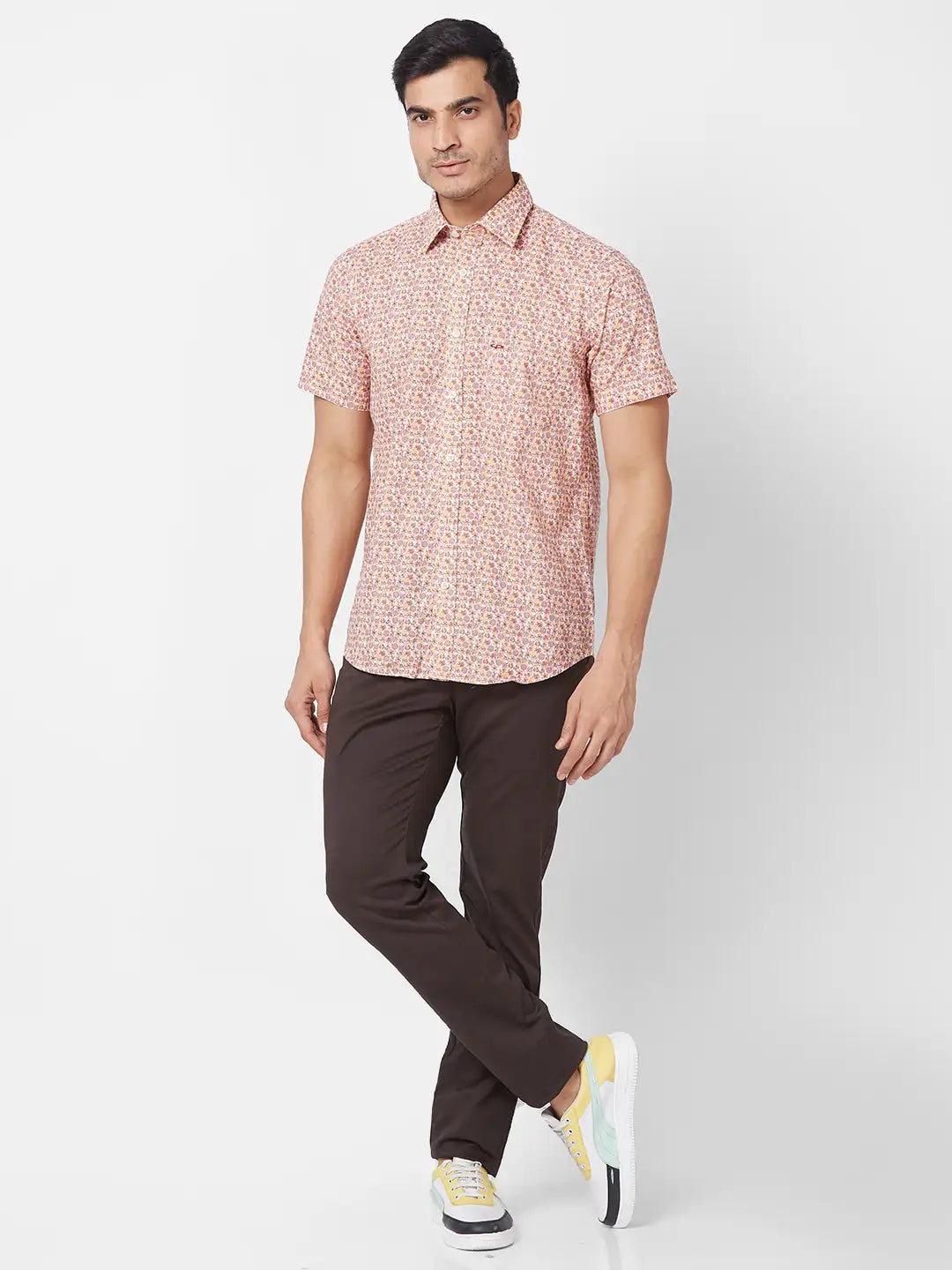 ColorPlus Men Brown Checks Tailored Fit Linen Half Sleeve Shirt