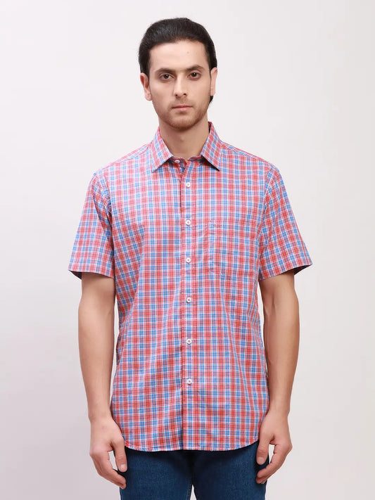 Colorplus Men Blue Checks Tailored Fit Cotton Blend Half Sleeve Shirts