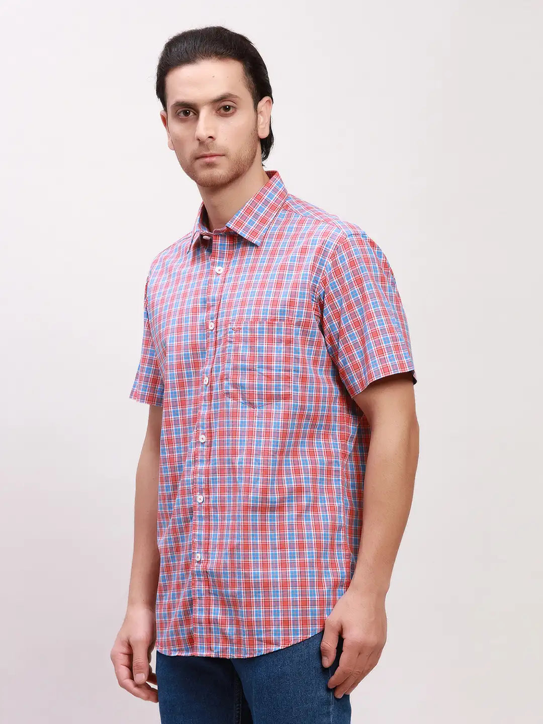 Colorplus Men Blue Checks Tailored Fit Cotton Blend Half Sleeve Shirts