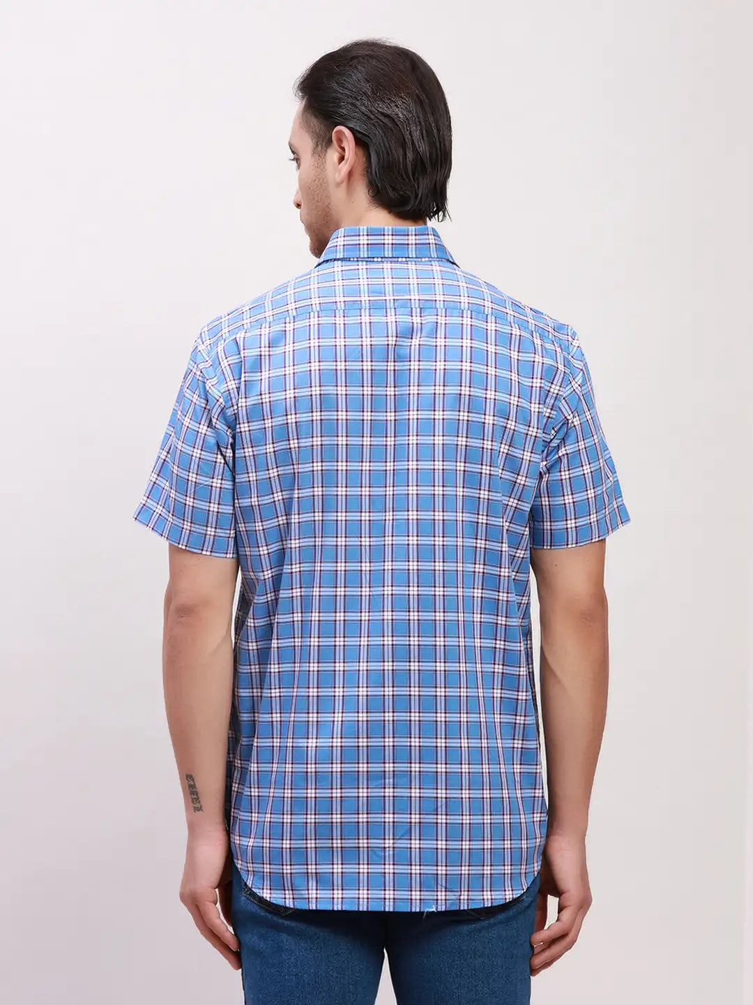 Colorplus Men Red Checks Tailored Fit Cotton Blend Half Sleeve Shirts