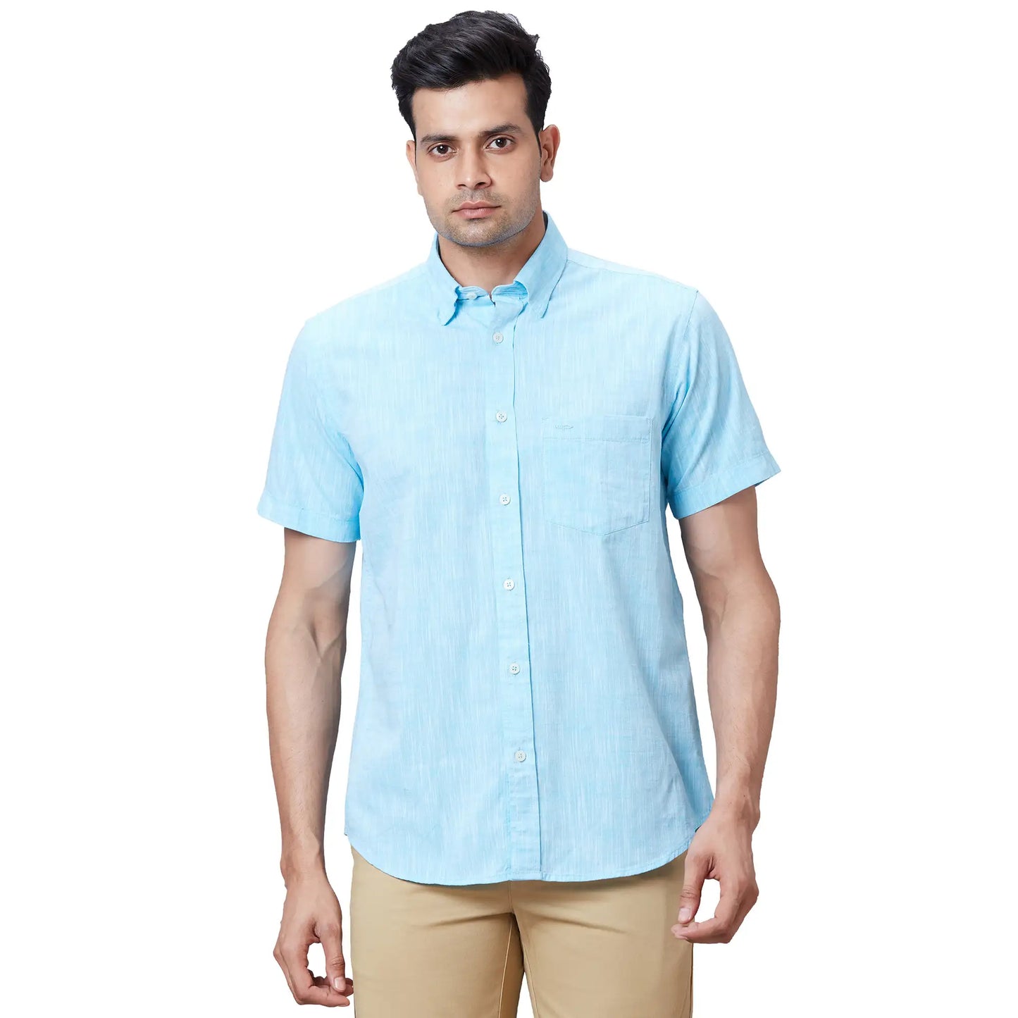 Men Blue Tailored Fit Solid Cotton Half Sleeve Shirts