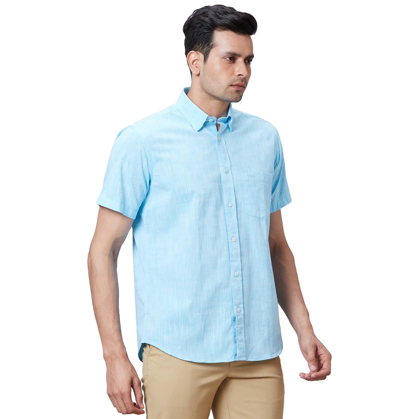 Men Blue Tailored Fit Solid Cotton Half Sleeve Shirts
