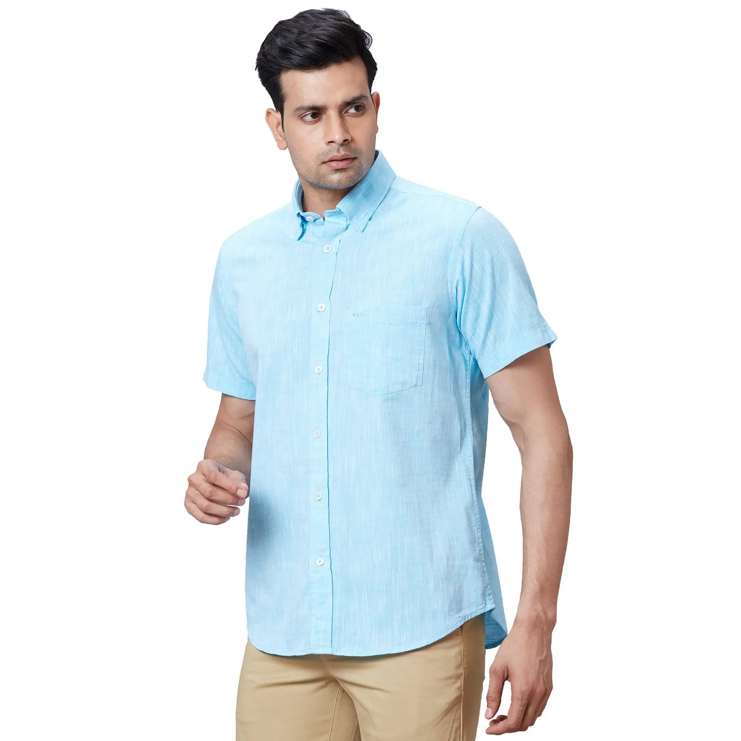 Men Blue Tailored Fit Solid Cotton Half Sleeve Shirts