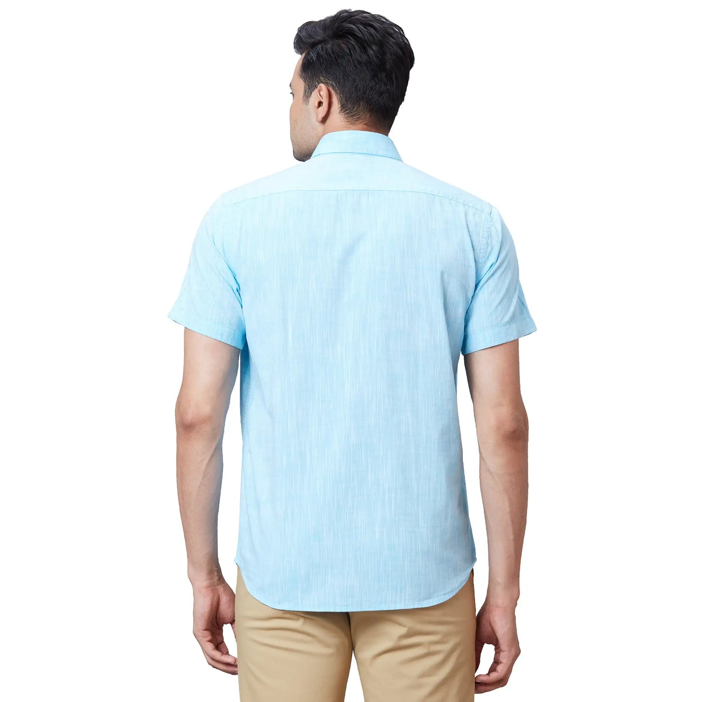 Men Blue Tailored Fit Solid Cotton Half Sleeve Shirts