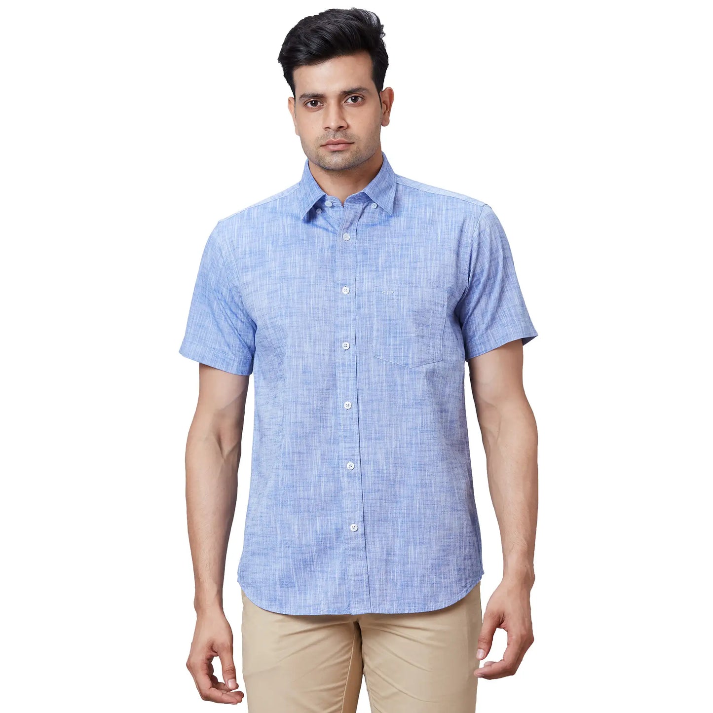 Men Navy Tailored Fit Solid Cotton Half Sleeve Shirts