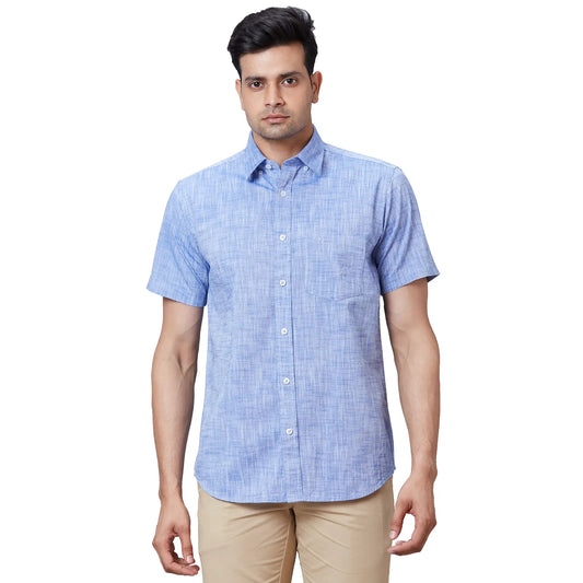 Men Navy Tailored Fit Solid Cotton Half Sleeve Shirts