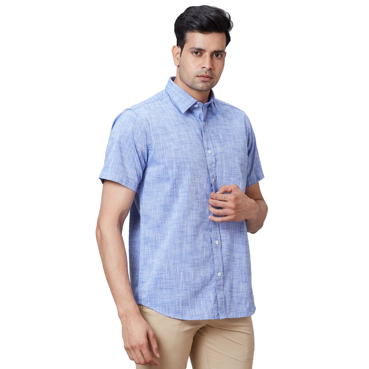 Men Navy Tailored Fit Solid Cotton Half Sleeve Shirts
