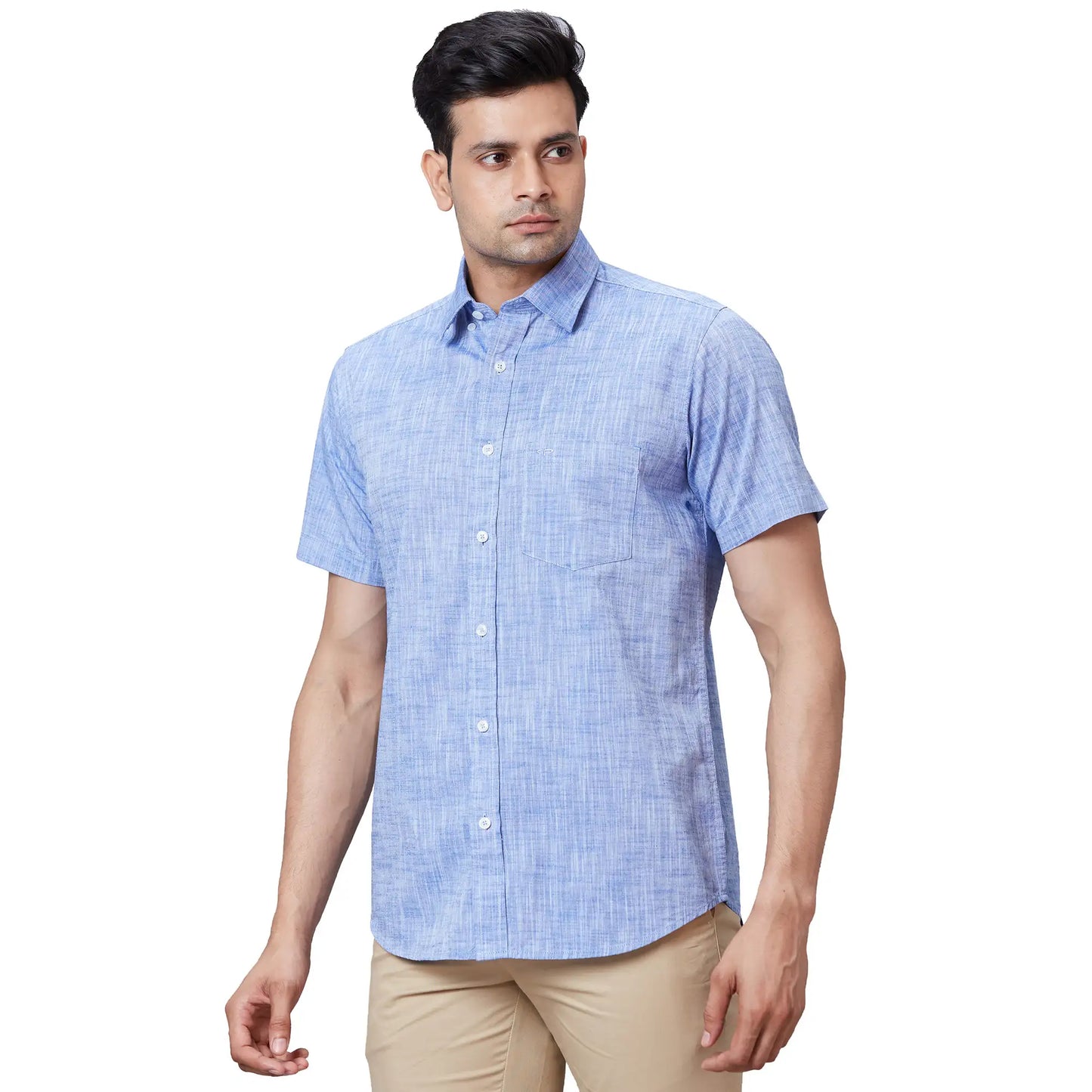 Men Navy Tailored Fit Solid Cotton Half Sleeve Shirts