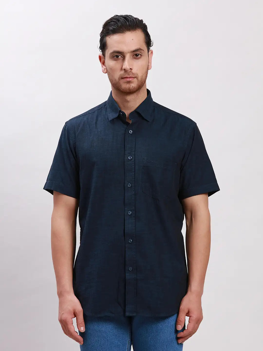 Men Grey Tailored Fit Solid Cotton Half Sleeve Shirts
