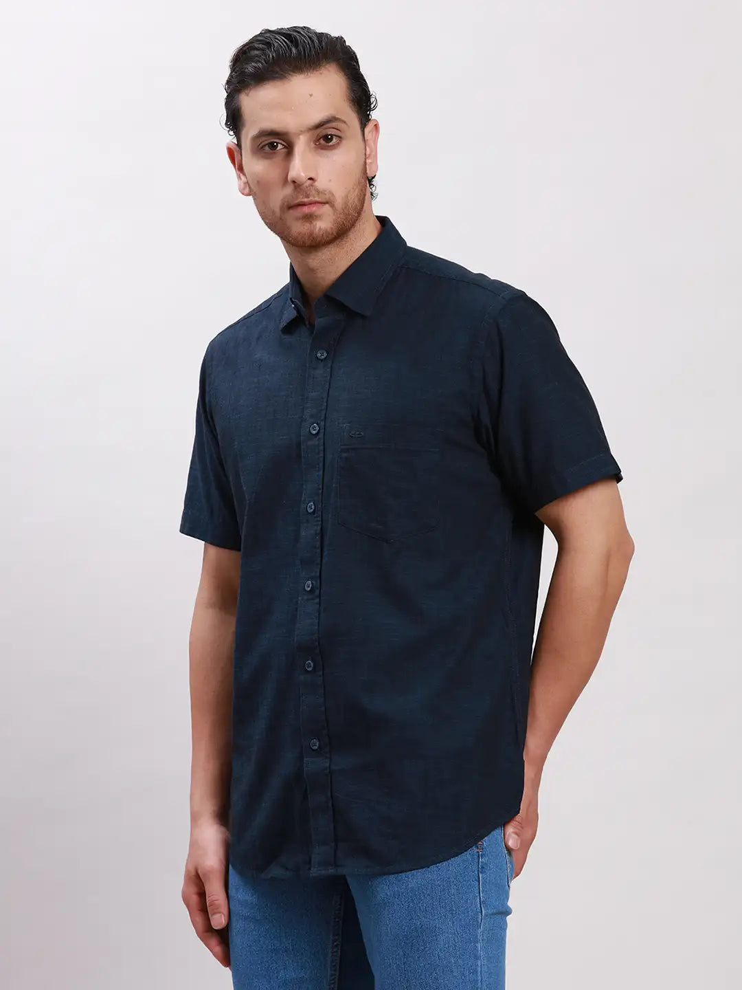 Men Grey Tailored Fit Solid Cotton Half Sleeve Shirts