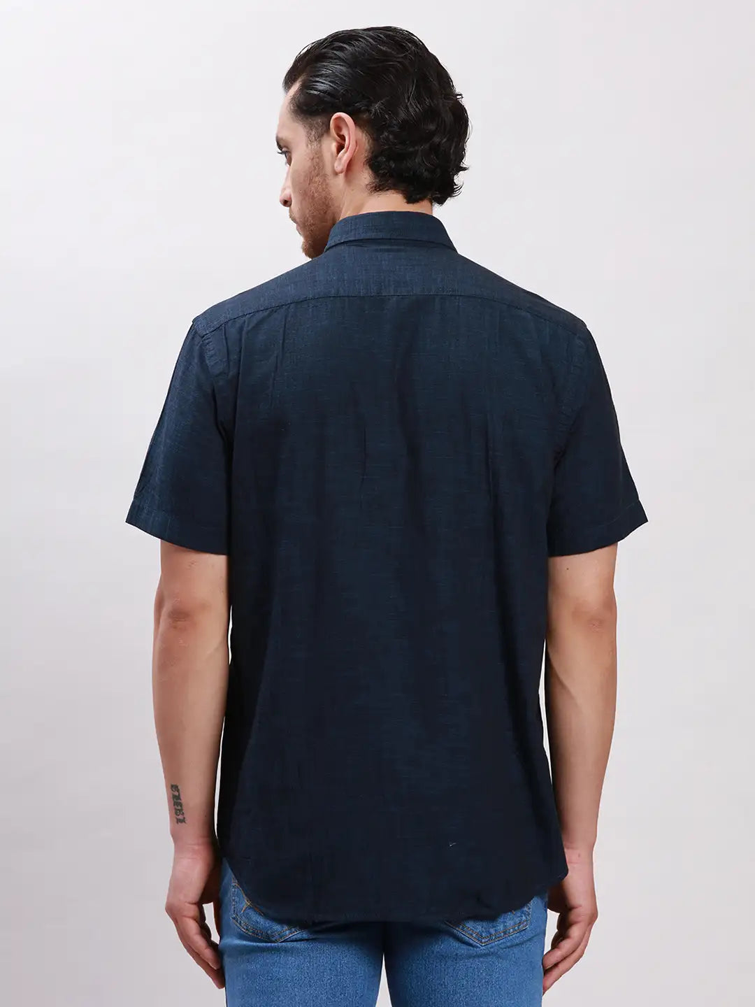 Men Grey Tailored Fit Solid Cotton Half Sleeve Shirts