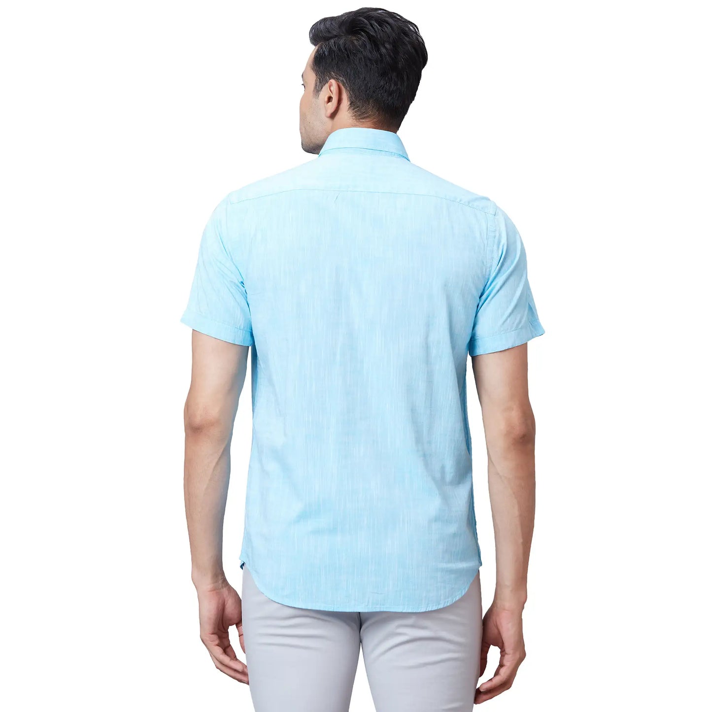 Men Blue Tailored Fit Solid Cotton Half Sleeve Shirts
