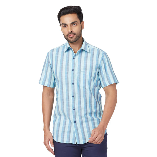 ColorPlus Men Red Stripe Regular Fit Cotton Half Sleeve Shirt