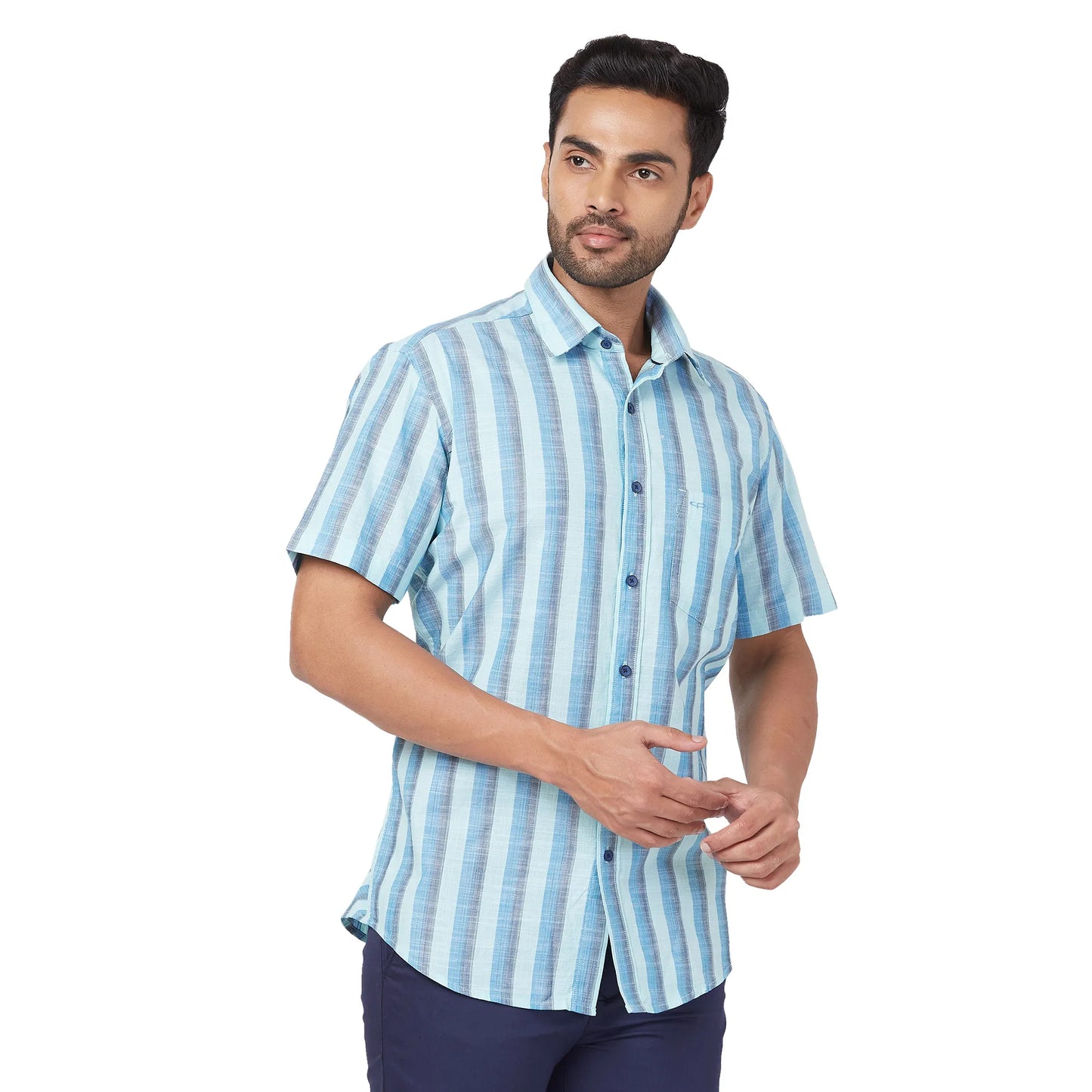 ColorPlus Men Red Stripe Regular Fit Cotton Half Sleeve Shirt
