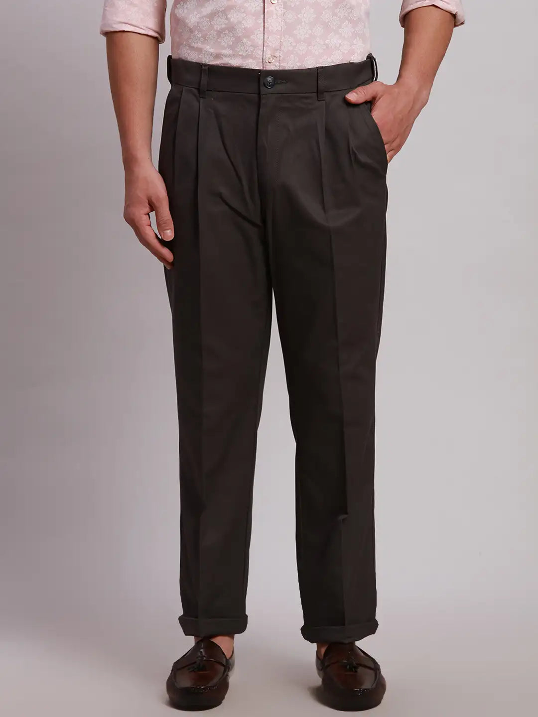 Men Black Custom Fit Solid Piece Dyed Cotton Trouser