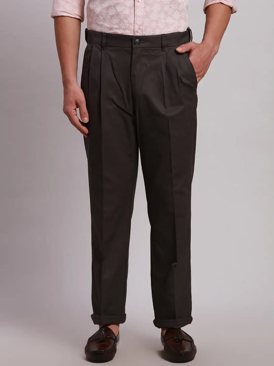 Men Black Custom Fit Solid Piece Dyed Cotton Trouser