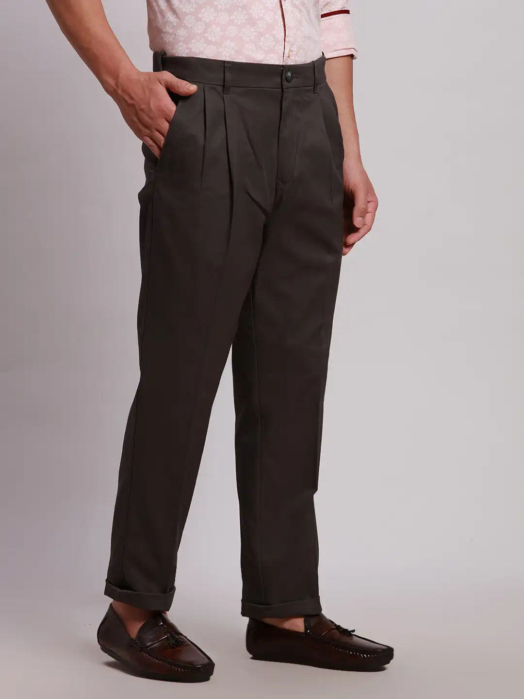 Men Black Custom Fit Solid Piece Dyed Cotton Trouser