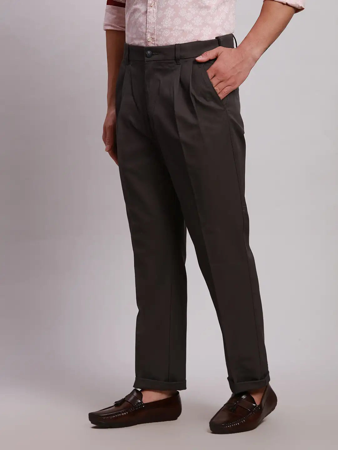 Men Black Custom Fit Solid Piece Dyed Cotton Trouser