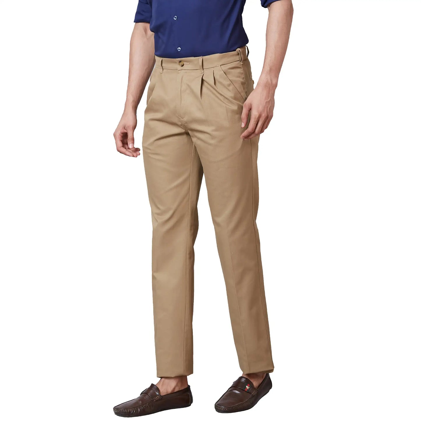 Men Blue Contemporary Fit Solid Piece Dyed Cotton Blend Trouser