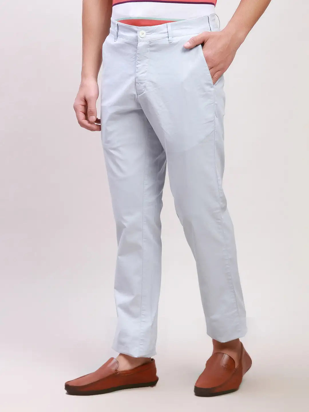 ColorPlus Men Grey Solid Piece Dyed Contemporary Fit Cotton Blend Trouser
