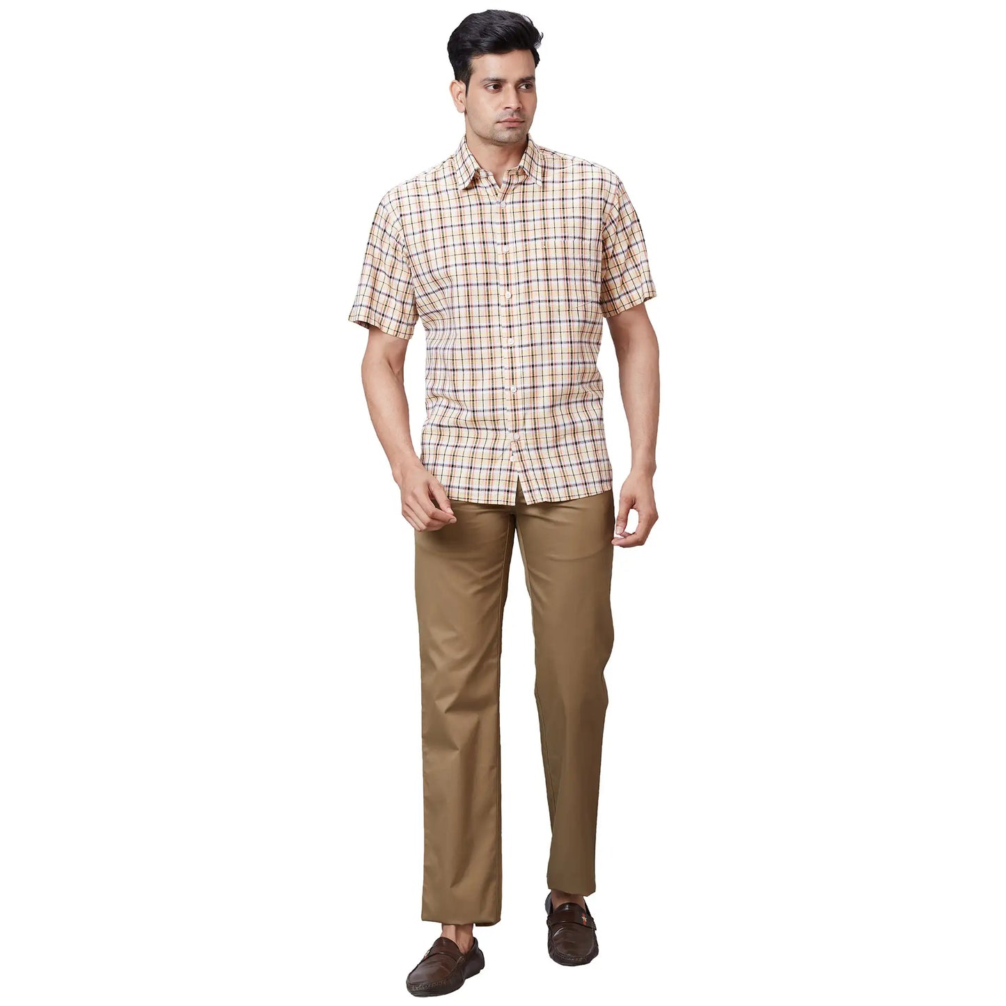 Men Brown Tailored Fit Yarn Dyed Polyester Blend Trouser