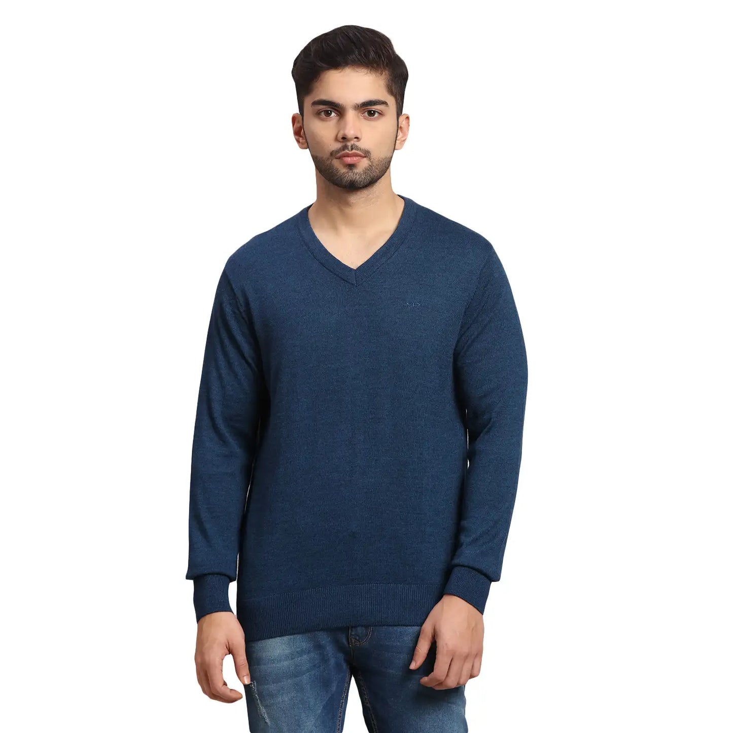 Men Navy Tailored Fit Solid Wool Blend Full Sleeve V Neck Collar Sweaters