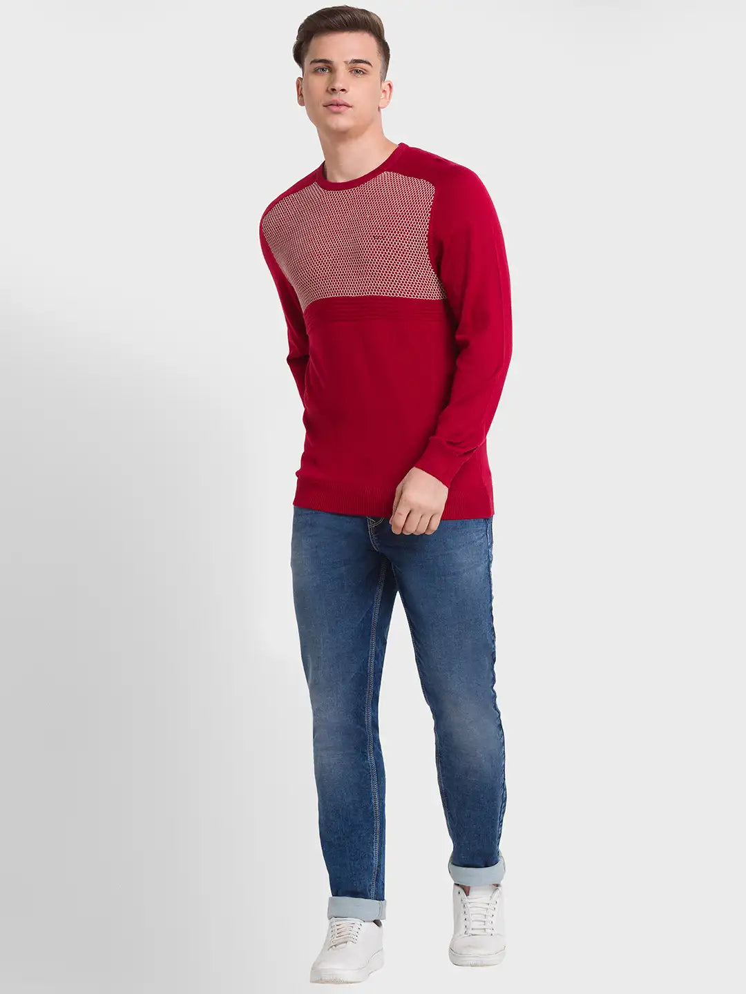 ColorPlus Men White Stripe Slim Fit Cotton Half Sleeve T-Shirt