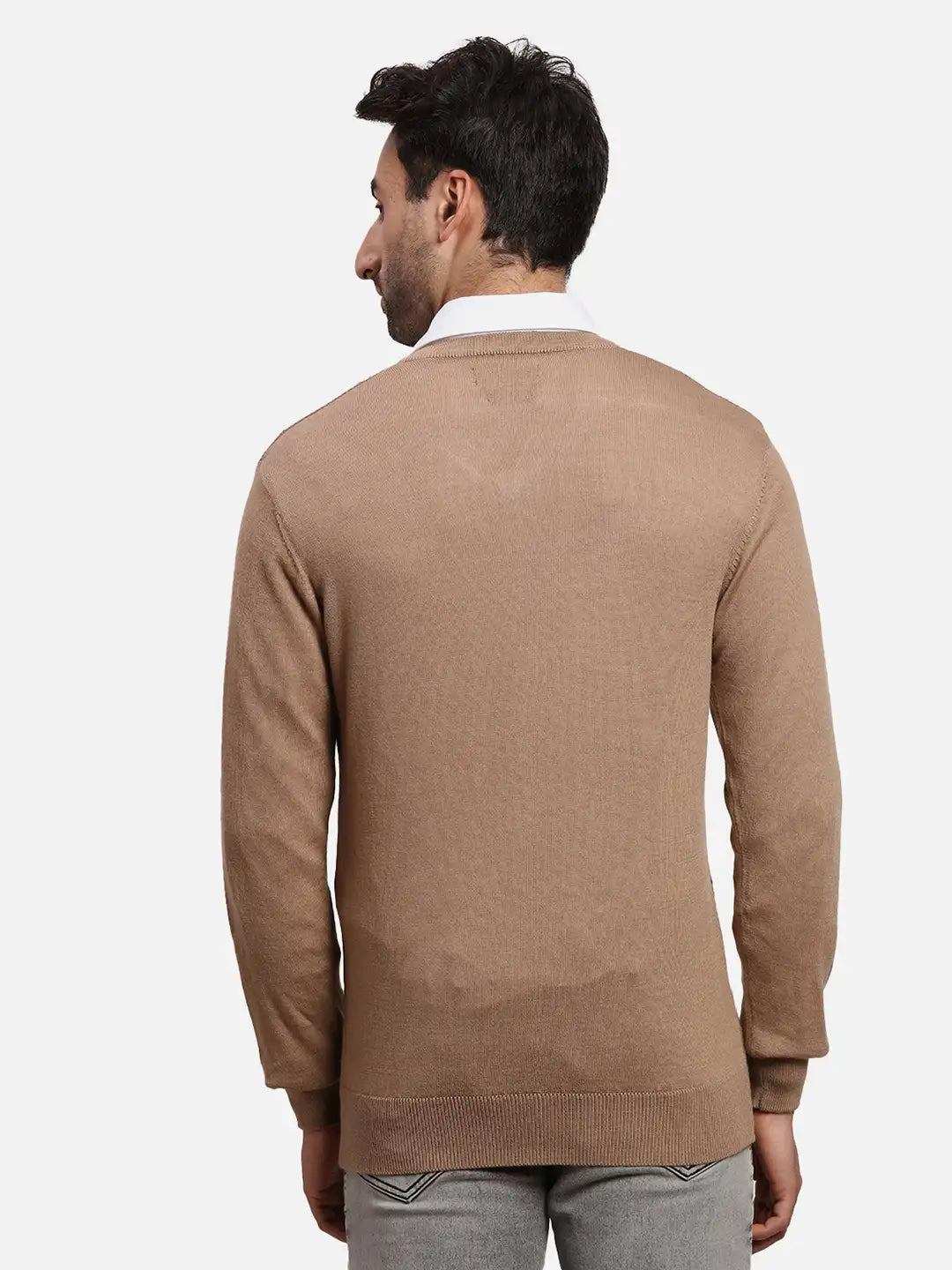 ColorPlus Men Blue Jacquard Regular Fit Acrlic Blend Full Sleeve V Neck Sweater