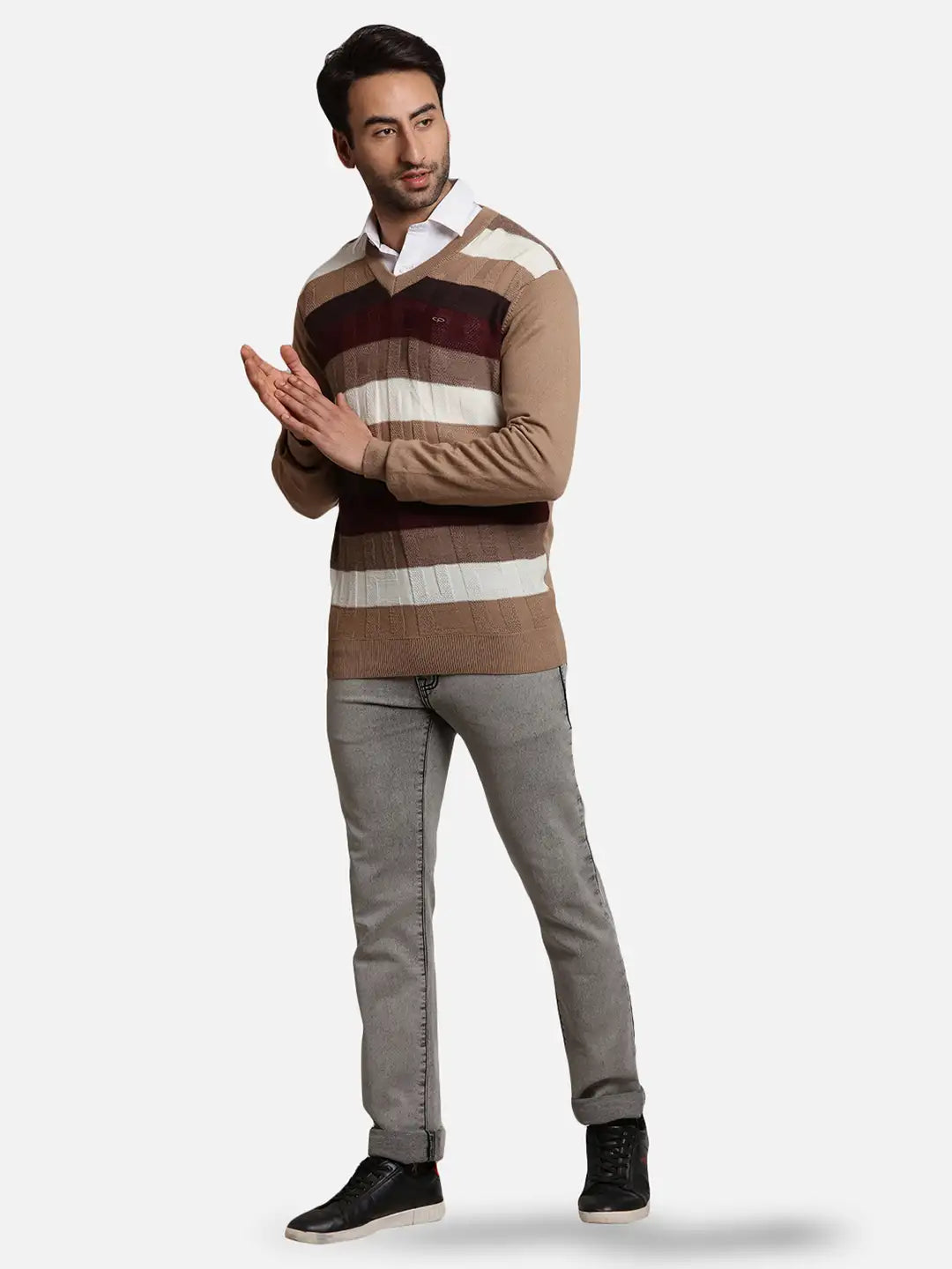 ColorPlus Men Blue Jacquard Regular Fit Acrlic Blend Full Sleeve V Neck Sweater
