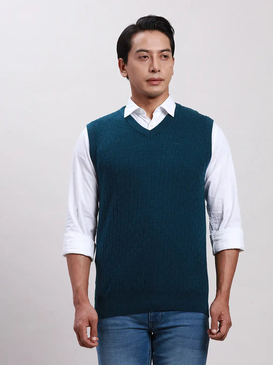 Men Blue Classic Fit Jacquard Acrylic Blend Sleeveless Sweaters