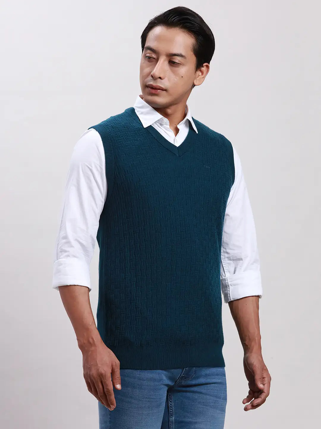 Men Blue Classic Fit Jacquard Acrylic Blend Sleeveless Sweaters