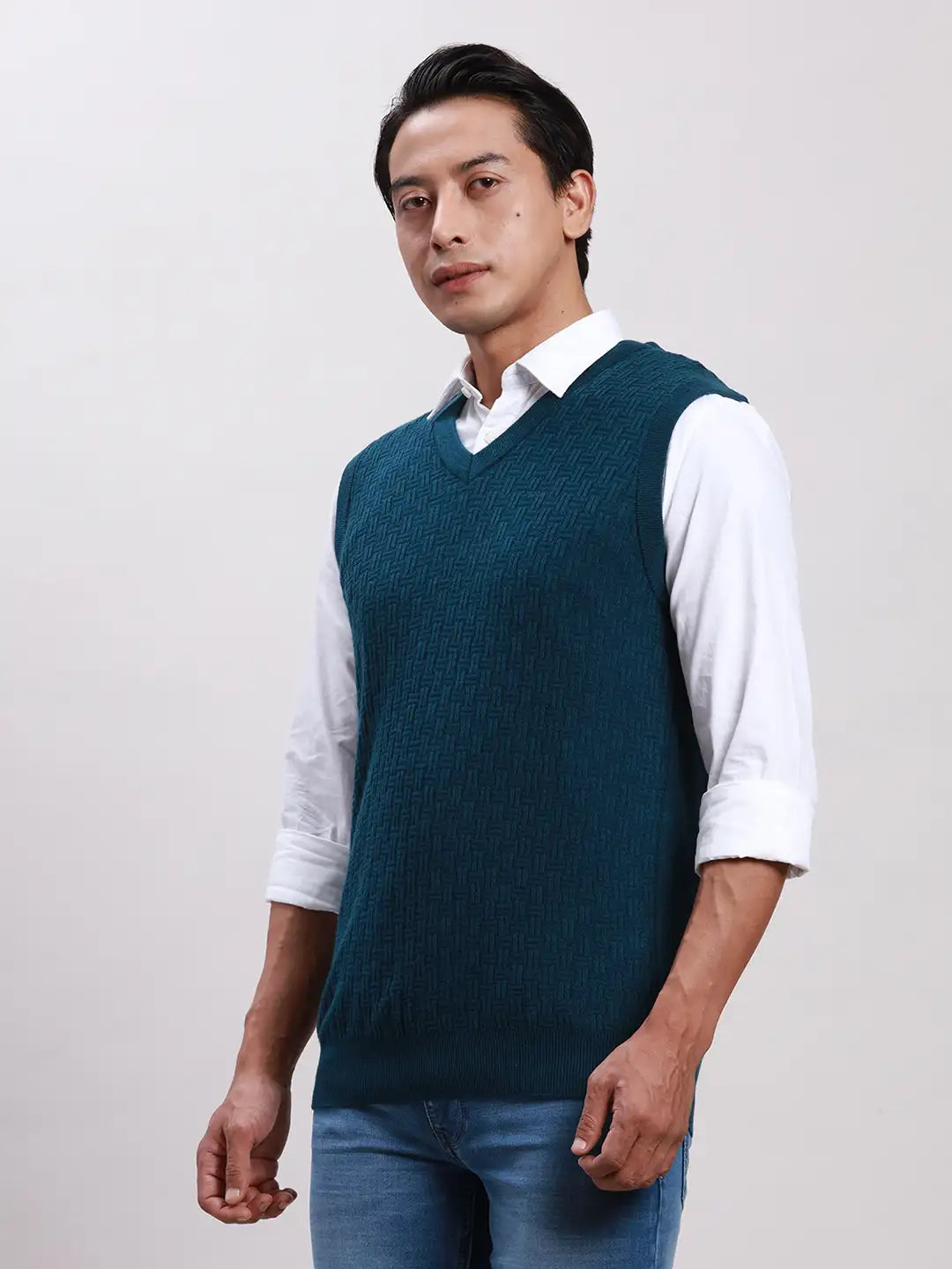 Men Blue Classic Fit Jacquard Acrylic Blend Sleeveless Sweaters