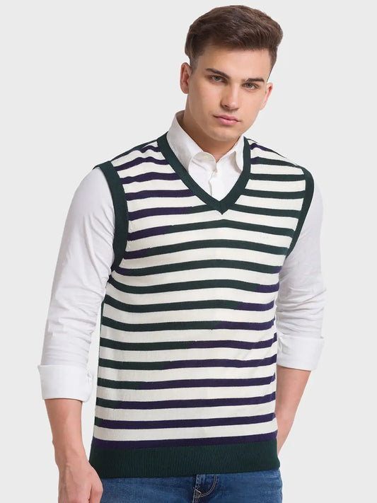 Men Grey Classic Fit Checks Polyester Blend Sleeveless Sweaters