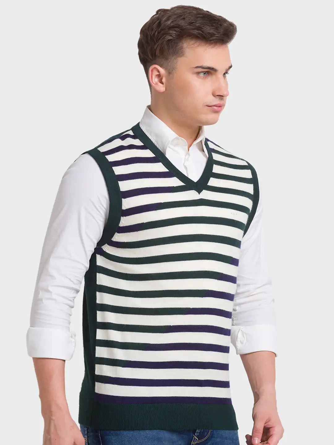 Men Grey Classic Fit Checks Polyester Blend Sleeveless Sweaters