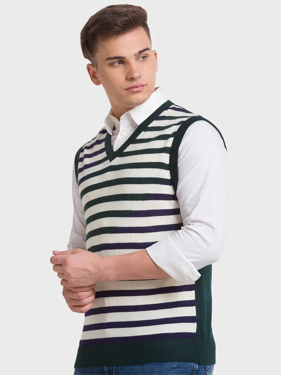 Men Grey Classic Fit Checks Polyester Blend Sleeveless Sweaters