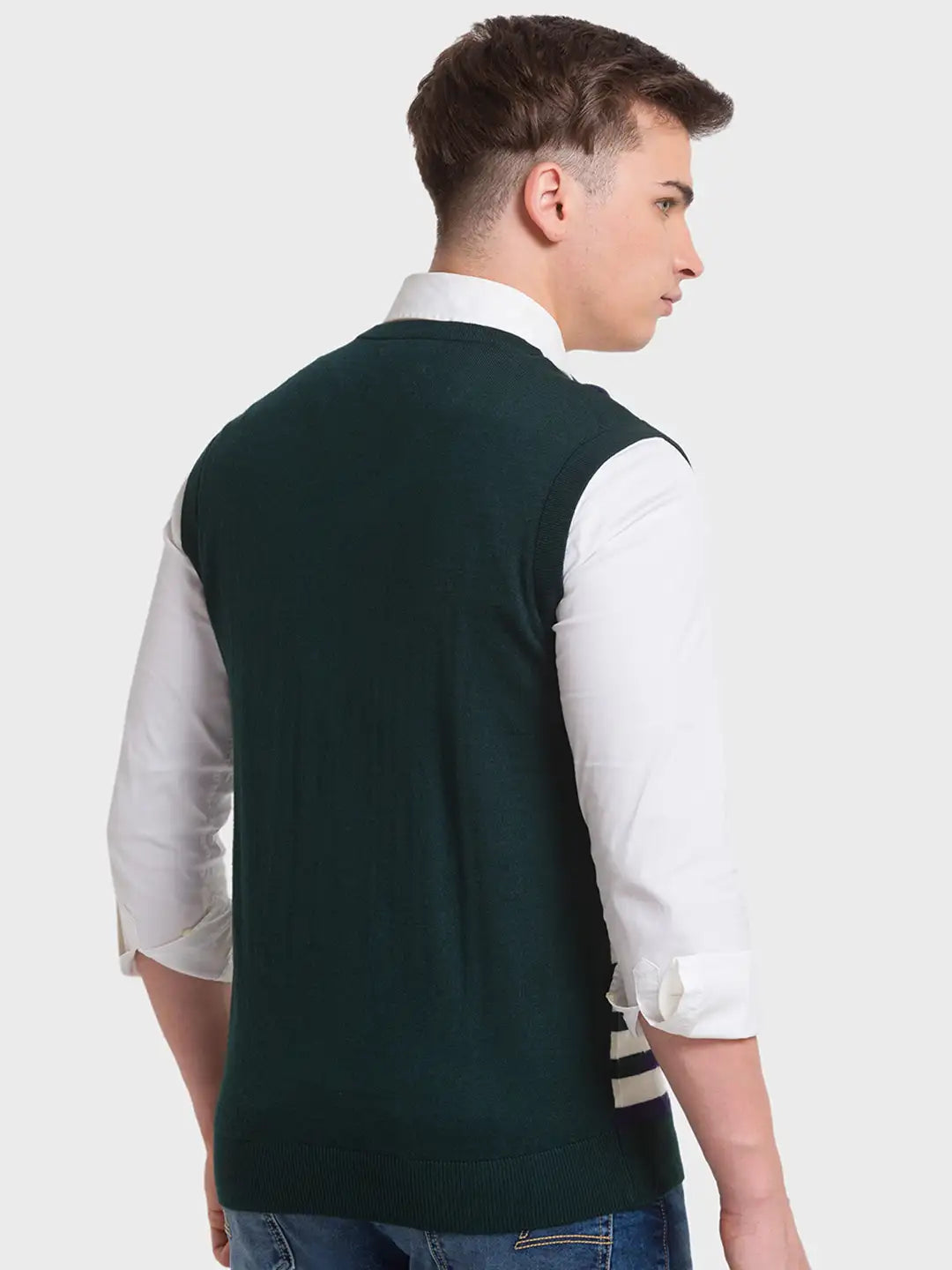 Men Grey Classic Fit Checks Polyester Blend Sleeveless Sweaters