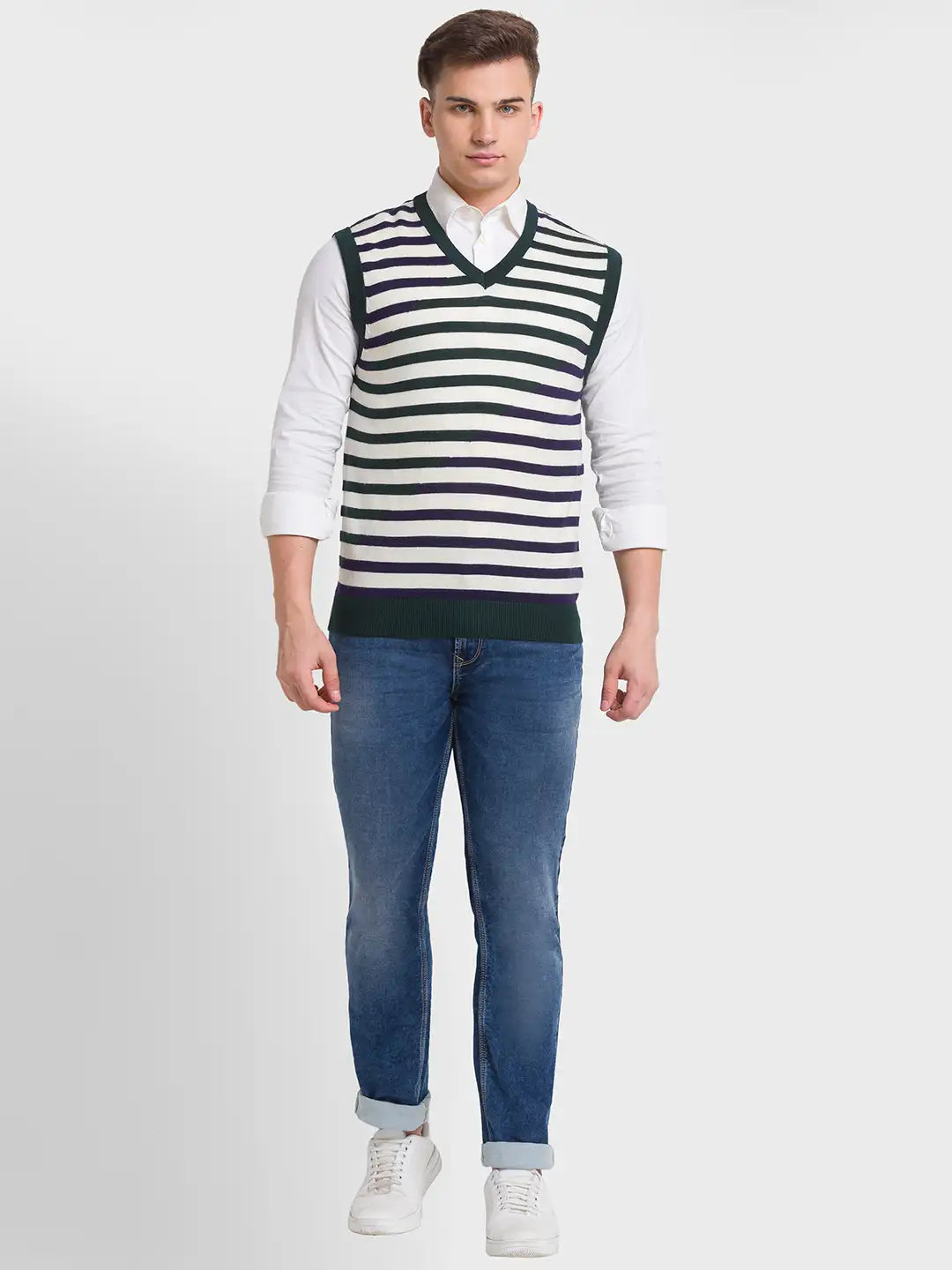 Men Grey Classic Fit Checks Polyester Blend Sleeveless Sweaters