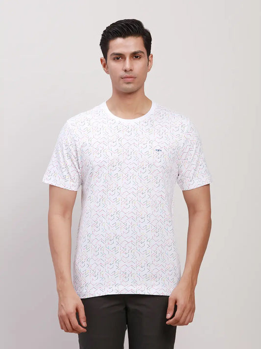 ColorPlus Men White Print Regular Fit Cotton Round Neck T-Shirt