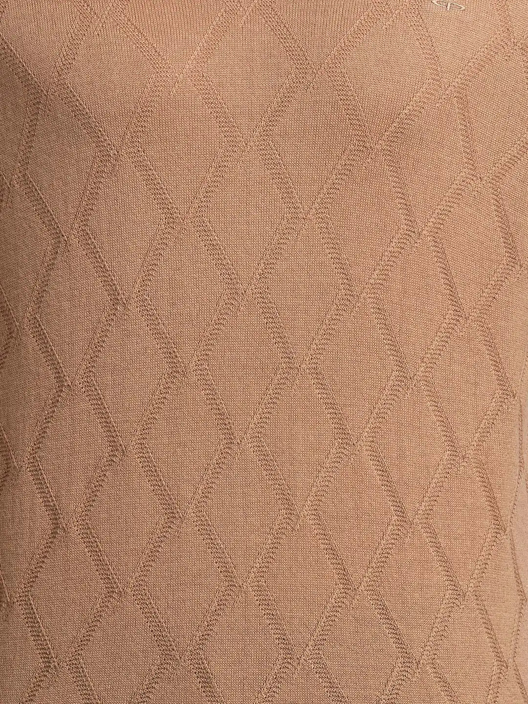 Men Brown Tailored Fit Structure Acrylic Merino Blend Full Sleeve V Neck Collar Sweaters