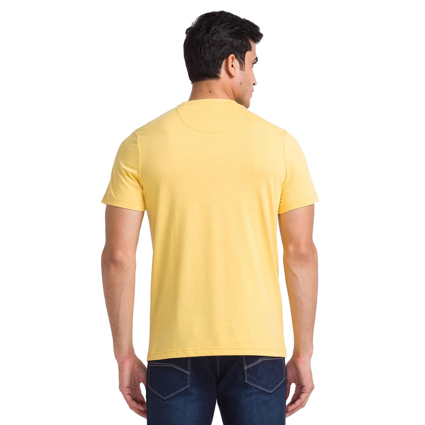 Men Yellow Slim Fit Print Cotton Polyester Blend Crew Neck Collar T Sh MyRaymond